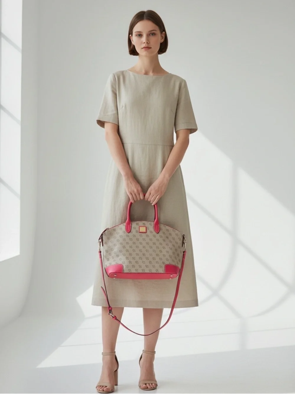 Dooney & Bourke Signature monogram satchel features vibrant pink leather trim